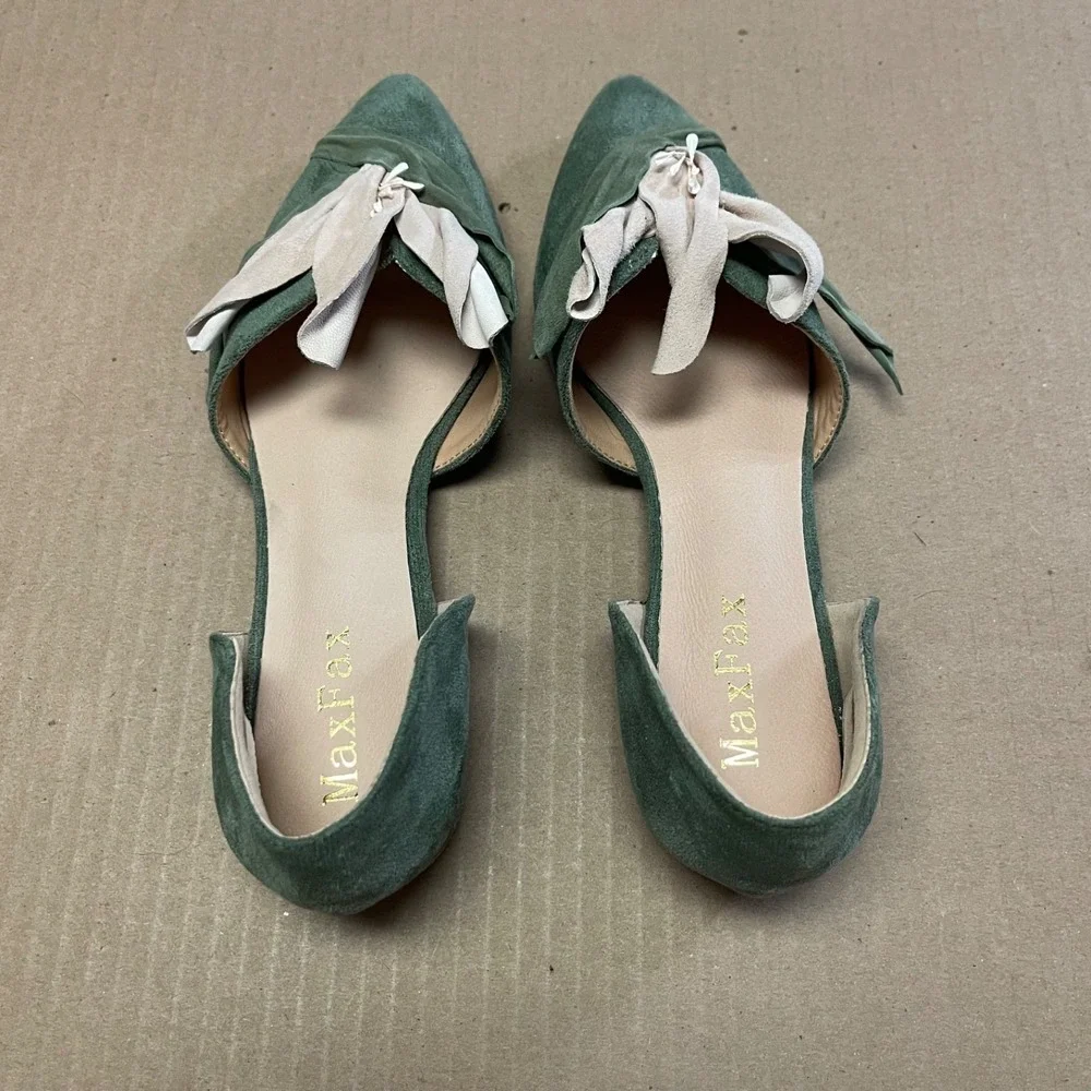 MaxFax Size 6 Green Eco-Suede D'Orsay Floral Petal Pointed Toe Flat Shoes NWOB - Picture 4 of 8